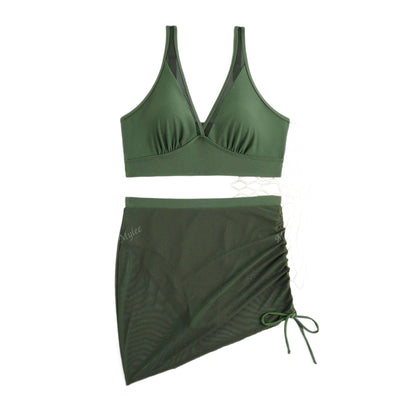 Solid Color Bikini Sexy Mesh Patchwork Drawstring Two Piece Women&