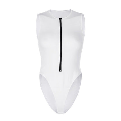 Summer Zipper Crew Neck Sleeveless Fashion Sexy Solid Color Versatile Cool Bodysuit Women&