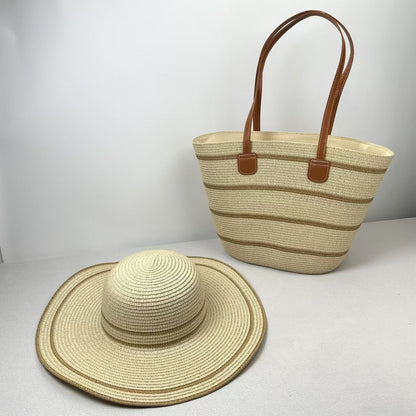 Straw Hat &amp; Tote Two-Piece Set – Wide-Brim Beach Duo, Large Capacity Striped Vacation Kit