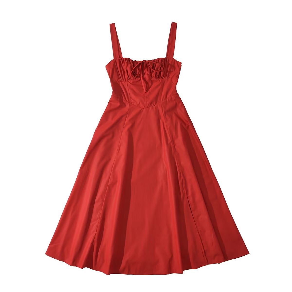 Square Neck Bustier Midi Dress - Low Cut Sleeveless Swing Sundress with Lace Trim &amp; Spaghetti Straps