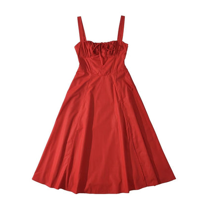 Square Neck Bustier Midi Dress - Low Cut Sleeveless Swing Sundress with Lace Trim &amp; Spaghetti Straps