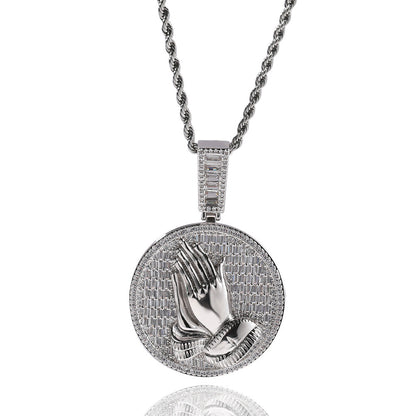 Hip-hop round disc zircon-encrusted praying hands pendant