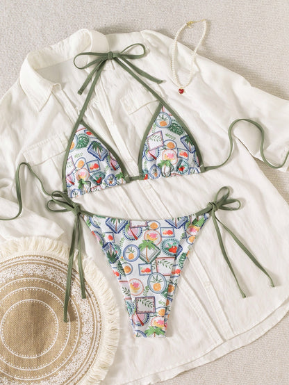 Contrasting Print Strap Sexy Bikini Split Swimsuit Batwing Short Sleeve Shirt W Plants Print