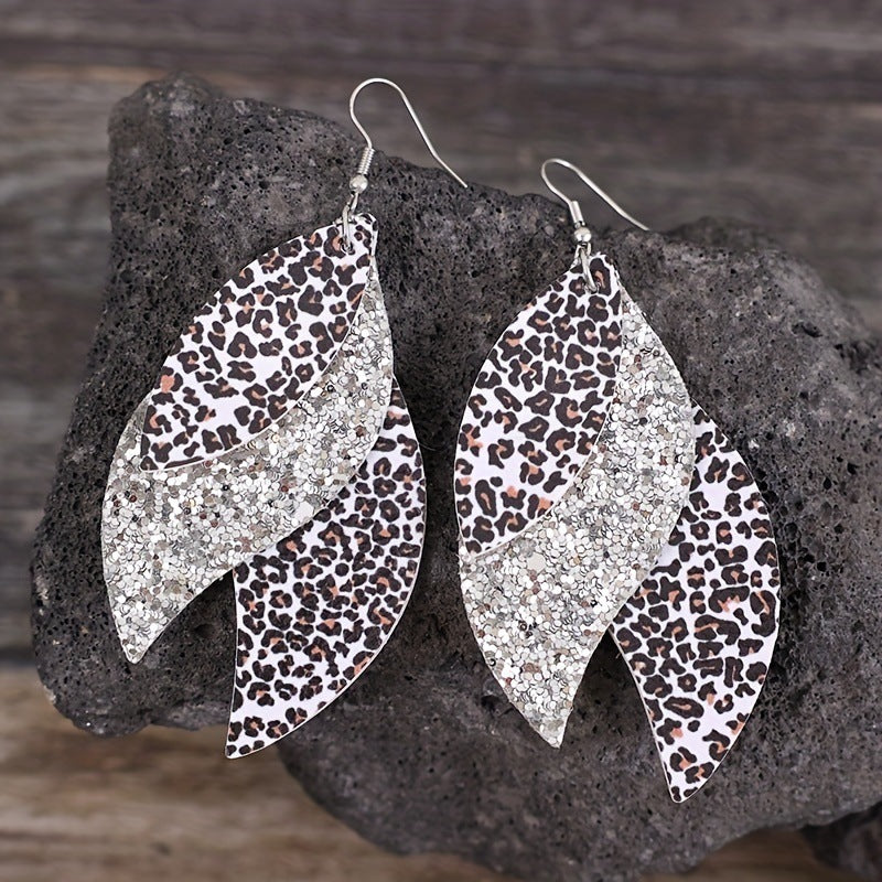 Bohemian Geometric Drop Earrings - Lightweight Faux Leather Leaf Design with Double-Sided Color &amp; Triple Tassel Fringe