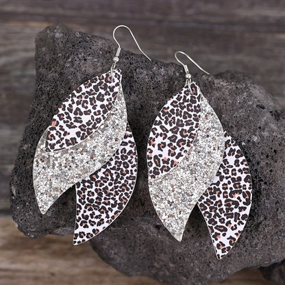 Bohemian Geometric Drop Earrings - Lightweight Faux Leather Leaf Design with Double-Sided Color &amp; Triple Tassel Fringe