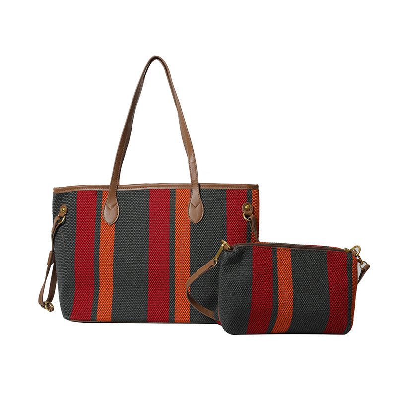 Canvas Striped Letter Print Tote – Large Shoulder &amp; Crossbody Bag, Trendy Versatile Shopper