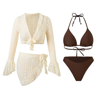 Long Sleeve Cover Up Triangle Apron Four Piece Bikini Lace Swimsuit Women&