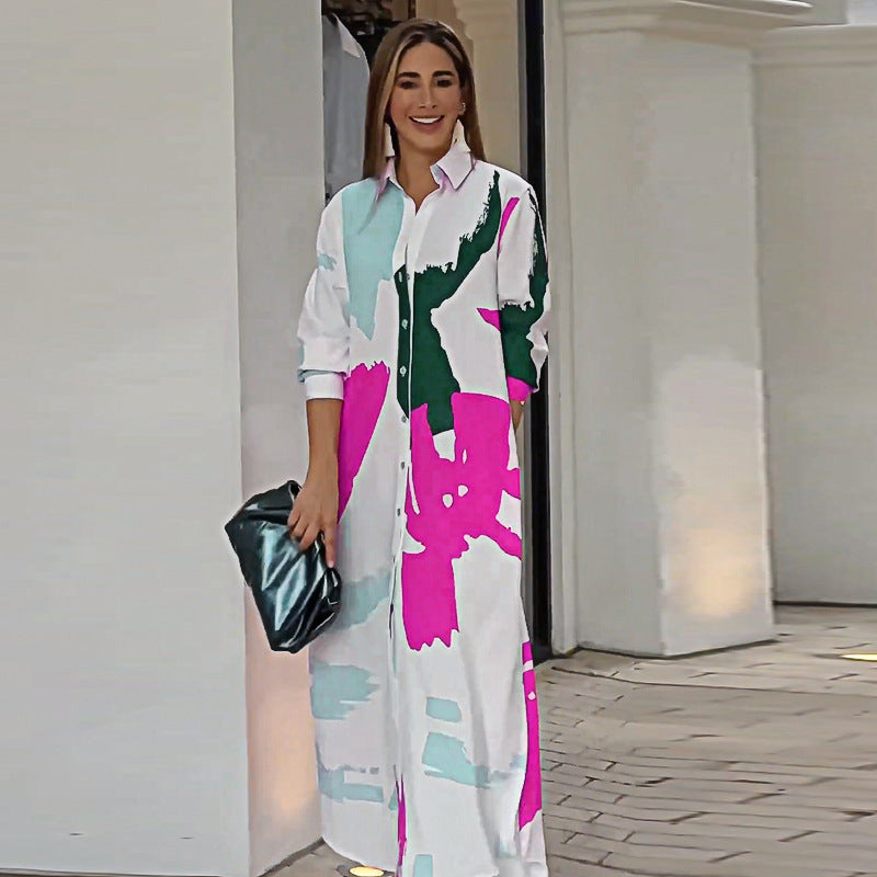Autumn Printed Shirt Collar Loose Waist Dress Women