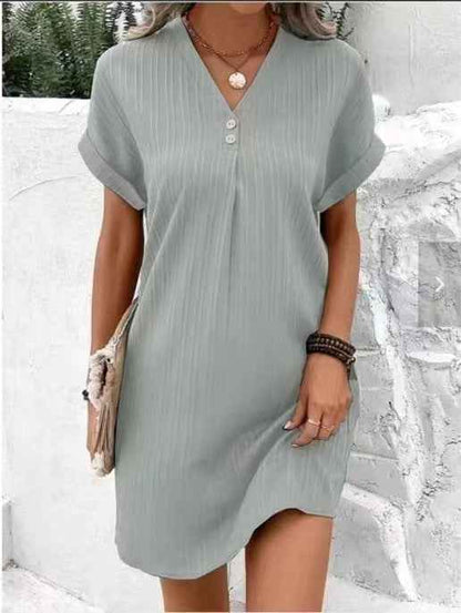 Solid Color Pullover Comfortable Casual Button Dress V-Neck Batwing Sleeve Dress