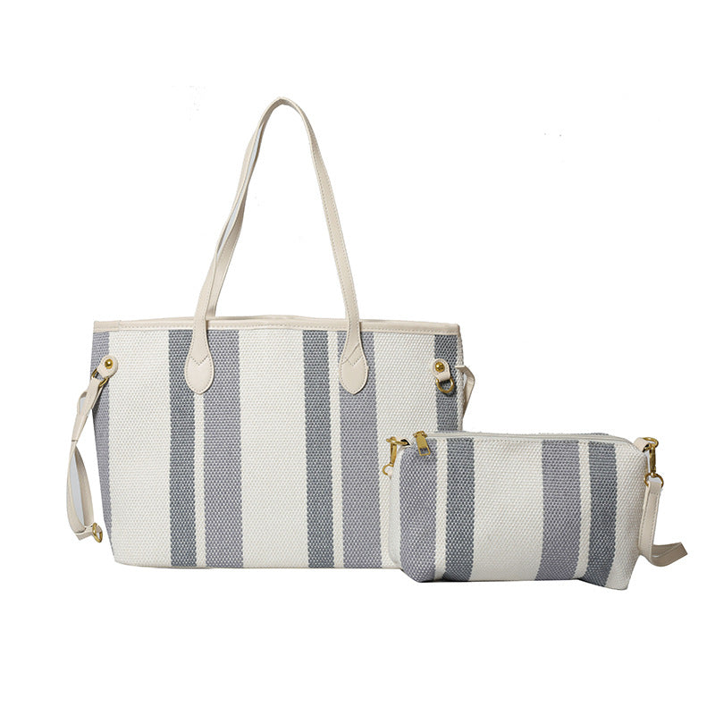 Canvas Striped Letter Print Tote – Large Shoulder &amp; Crossbody Bag, Trendy Versatile Shopper