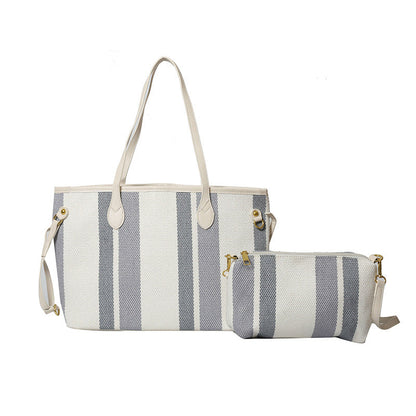 Canvas Striped Letter Print Tote – Large Shoulder &amp; Crossbody Bag, Trendy Versatile Shopper