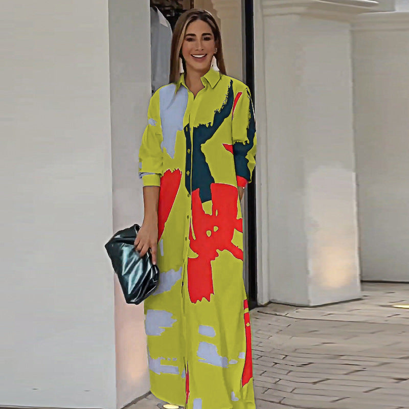 Autumn Printed Shirt Collar Loose Waist Dress Women
