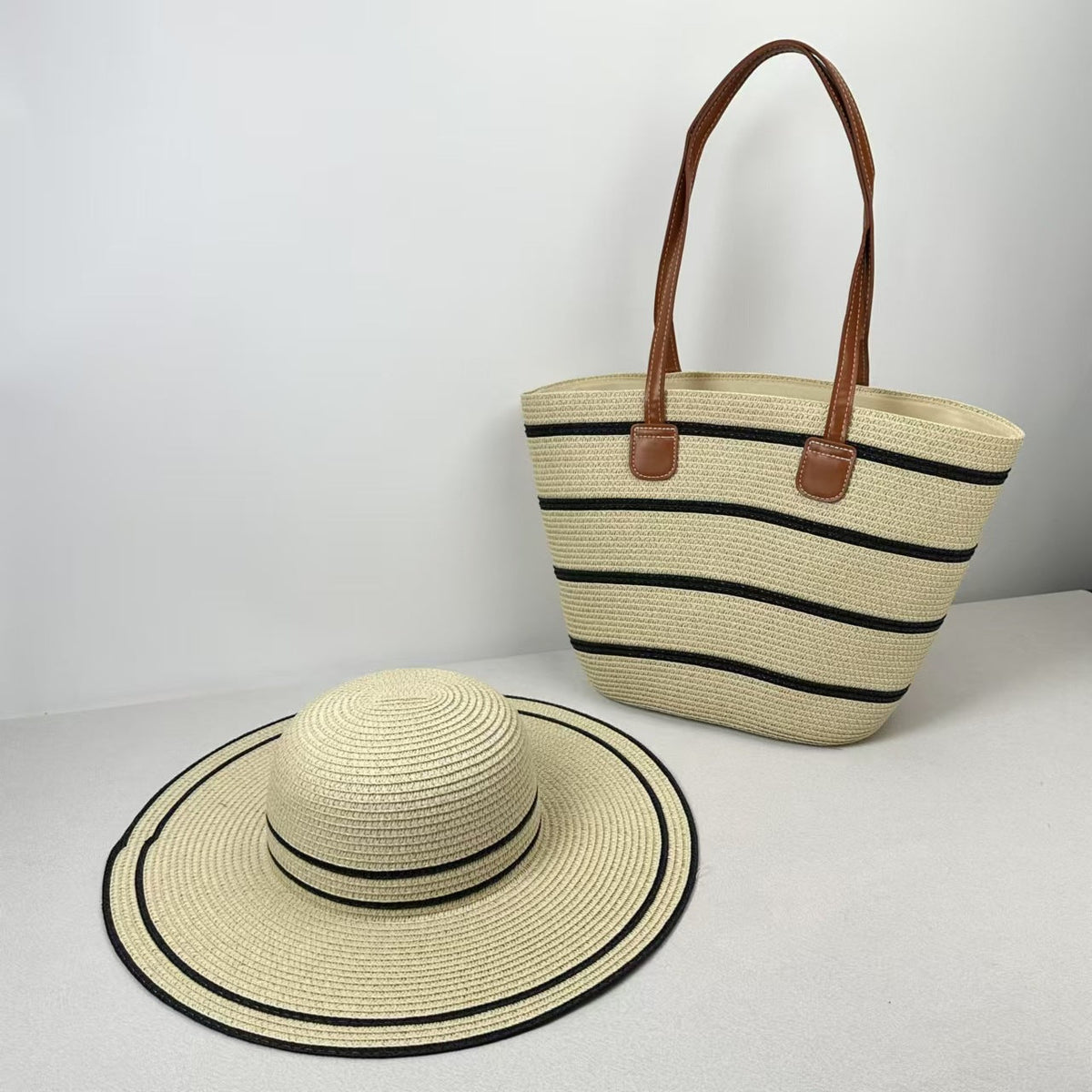 Straw Hat &amp; Tote Two-Piece Set – Wide-Brim Beach Duo, Large Capacity Striped Vacation Kit