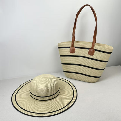 Straw Hat &amp; Tote Two-Piece Set – Wide-Brim Beach Duo, Large Capacity Striped Vacation Kit