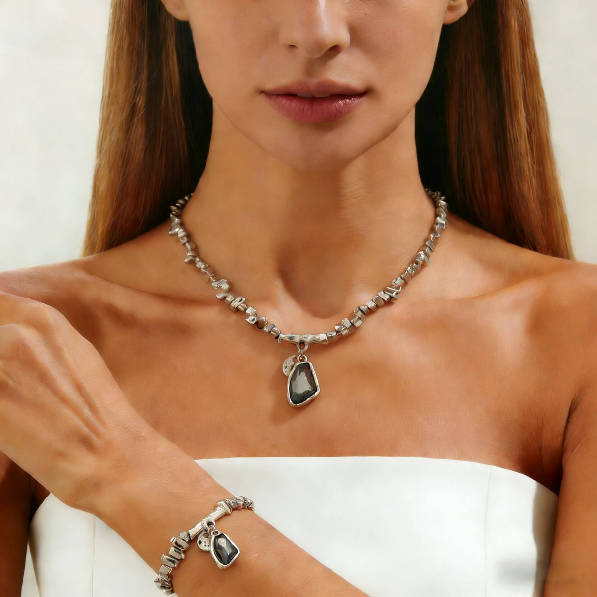 Luxury Irregular Acrylic Black Diamond Pendant Necklace &amp; Bracelet Set Women Autumn Winter
