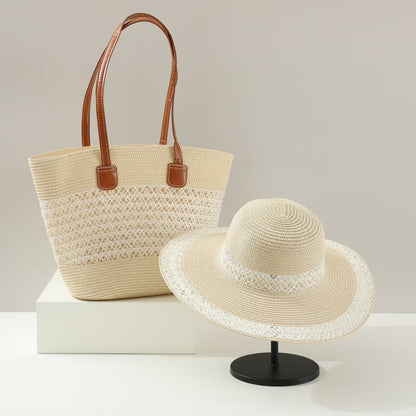 Straw Hat &amp; Tote Two-Piece Set – Wide-Brim Beach Duo, Large Capacity Striped Vacation Kit