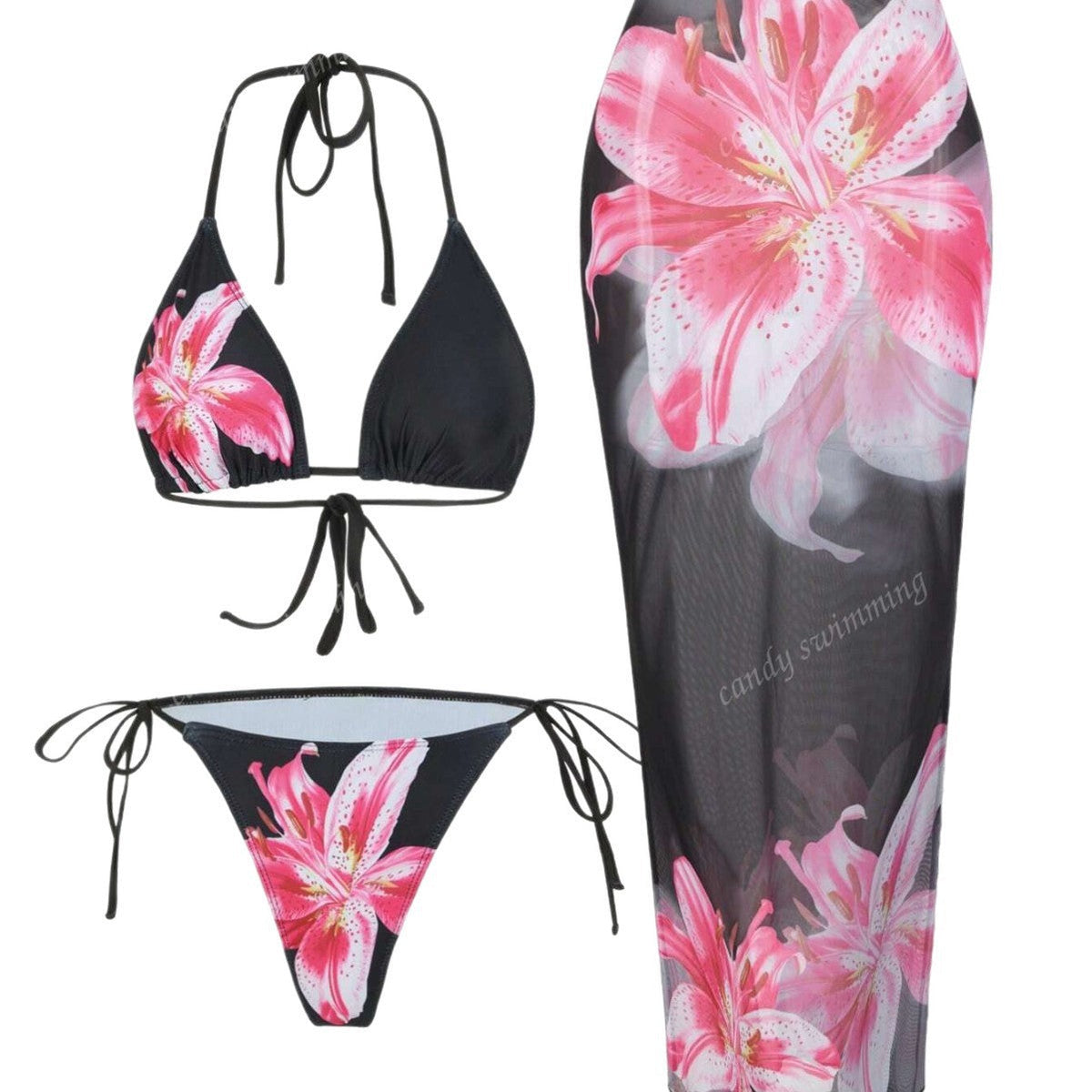 Apron Three Piece Bikini Vintage Print Long Skirt Swimsuit Women&
