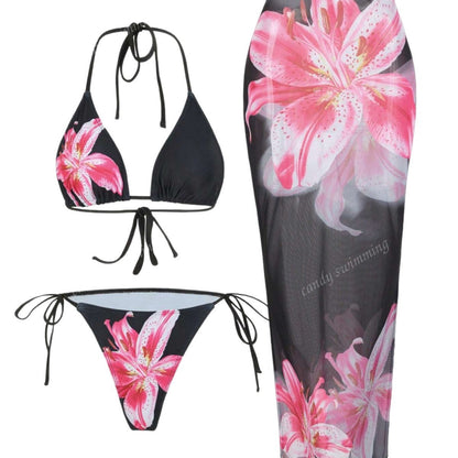 Apron Three Piece Bikini Vintage Print Long Skirt Swimsuit Women&