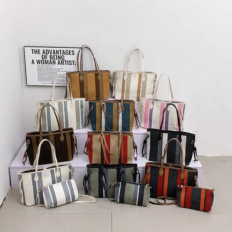 Canvas Striped Letter Print Tote – Large Shoulder &amp; Crossbody Bag, Trendy Versatile Shopper
