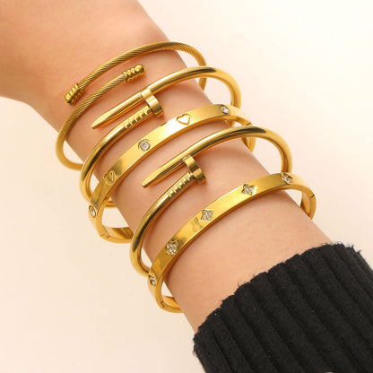 Stainless Steel Gold Bangle Set Zircon Inlaid Nail &amp; Lucky Four Leaf Clover Bangles