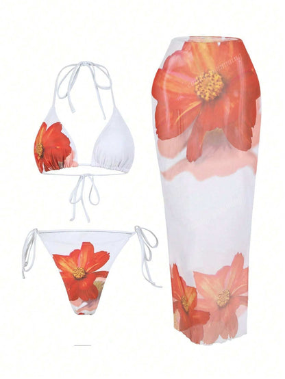 Apron Three Piece Bikini Vintage Print Long Skirt Swimsuit Women&