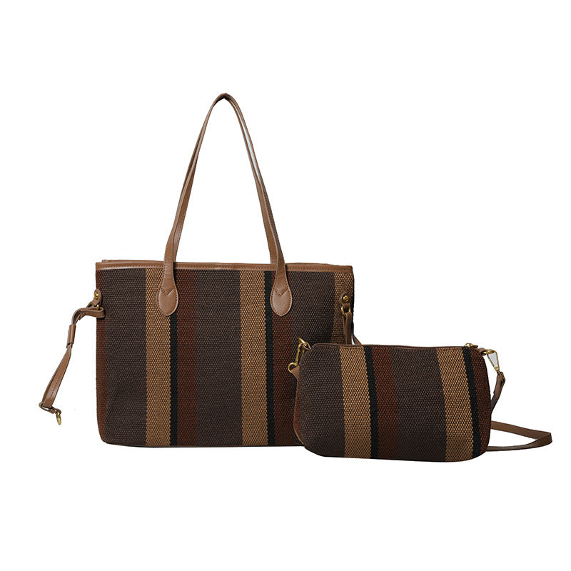 Canvas Striped Letter Print Tote – Large Shoulder &amp; Crossbody Bag, Trendy Versatile Shopper