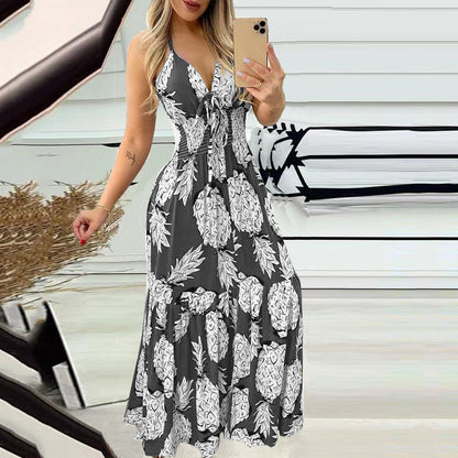 Summer Bustier Spaghetti Strap High Waist Printed Maxi Dress Sexy Women&