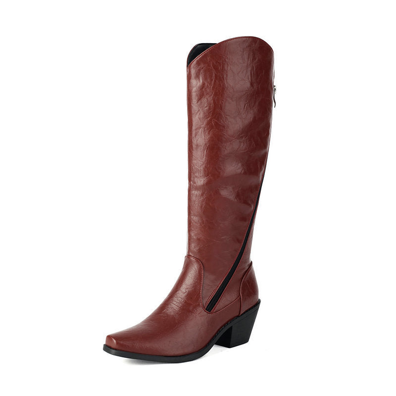 Chunky Heel Leather Martin Knee Boots | Big Sizes up to US16
