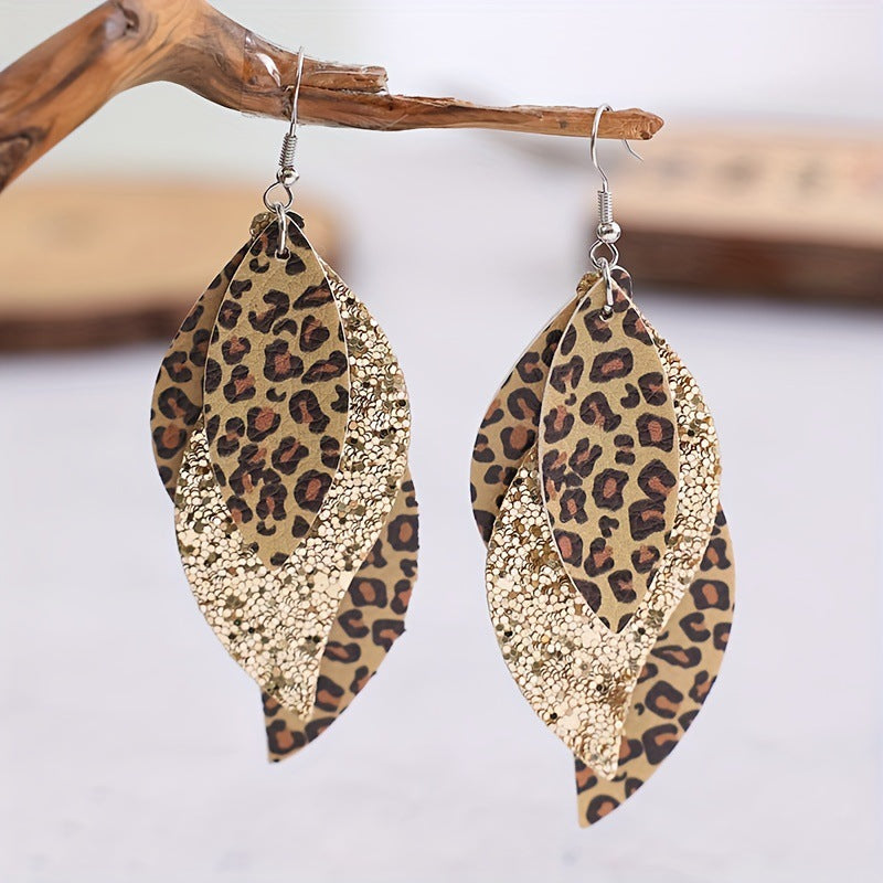 Bohemian Geometric Drop Earrings - Lightweight Faux Leather Leaf Design with Double-Sided Color &amp; Triple Tassel Fringe