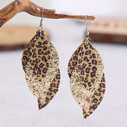 Bohemian Geometric Drop Earrings - Lightweight Faux Leather Leaf Design with Double-Sided Color &amp; Triple Tassel Fringe