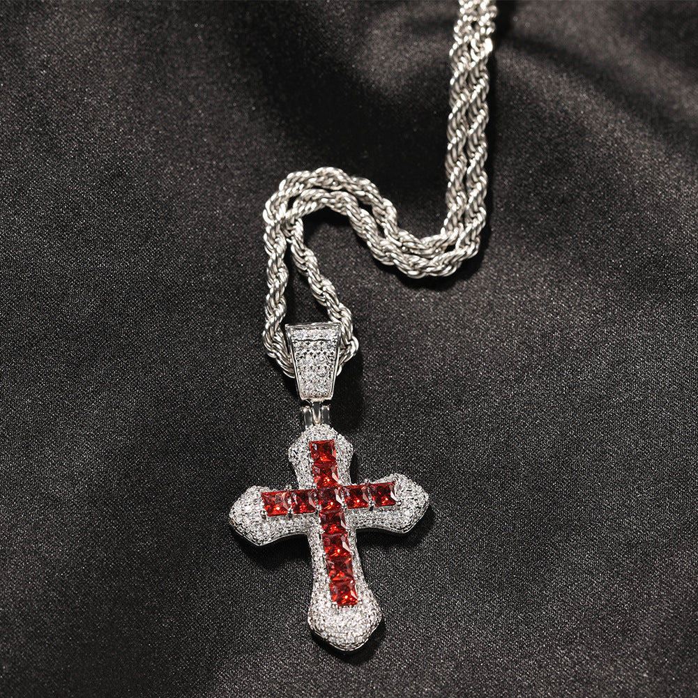 Blue Zircon Cross Hip-hop Necklace