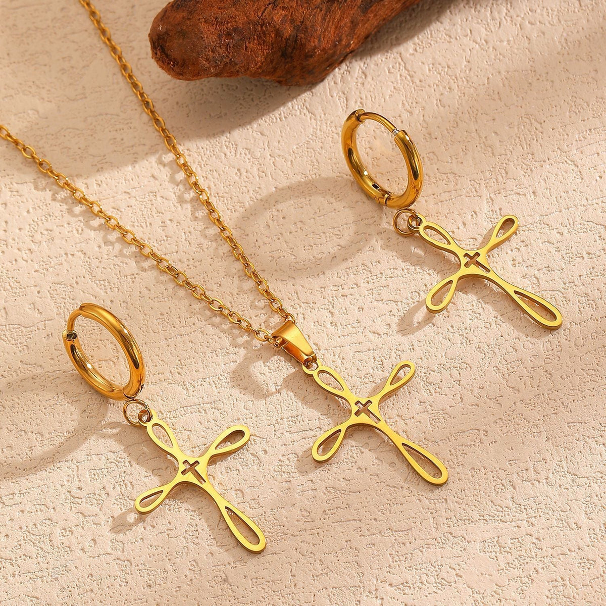 Cross Pendant Stainless Steel Clavicle Chain &amp; Earrings Set Simple Daily Jewelry