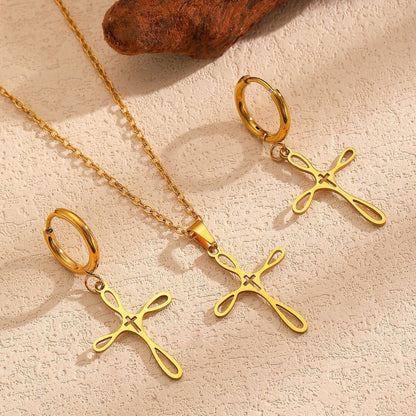 Cross Pendant Stainless Steel Clavicle Chain &amp; Earrings Set Simple Daily Jewelry