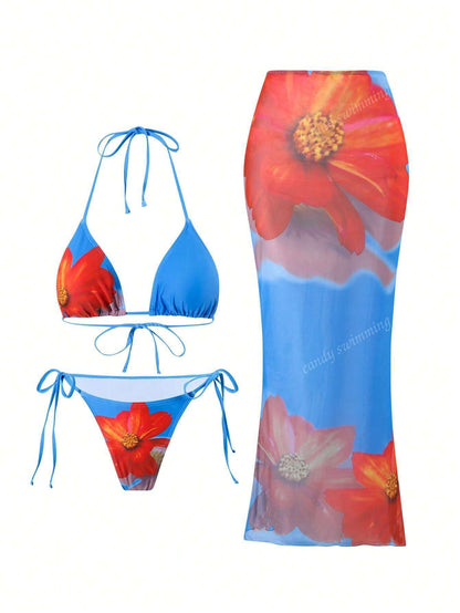 Apron Three Piece Bikini Vintage Print Long Skirt Swimsuit Women&