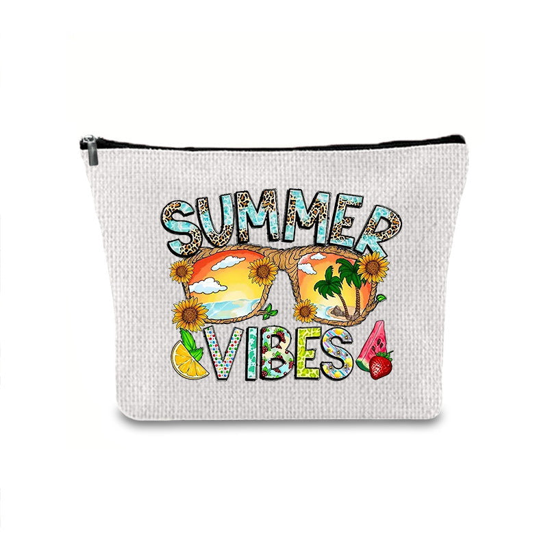 Linen printed cosmetic bag, cosmetic lipstick storage bag, small simple zipper evening clutch bag,