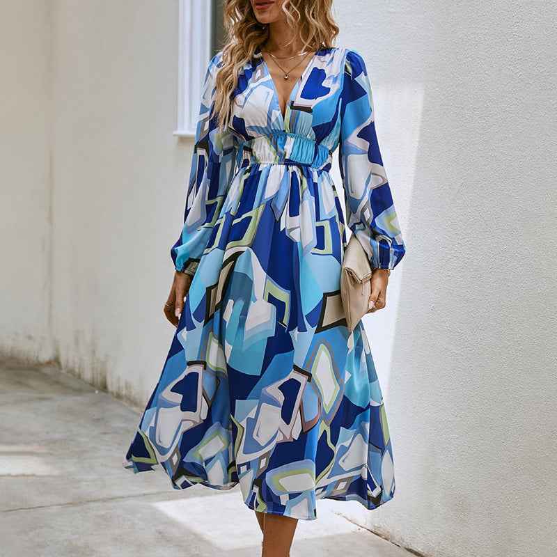 Bohemian female Long Lantern Sleeves Dress-Boho deep V printing high waist casual dress for women