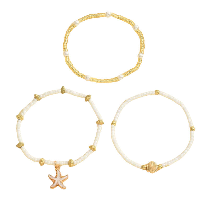 Starfish shell millet beaded anklet three-layer set