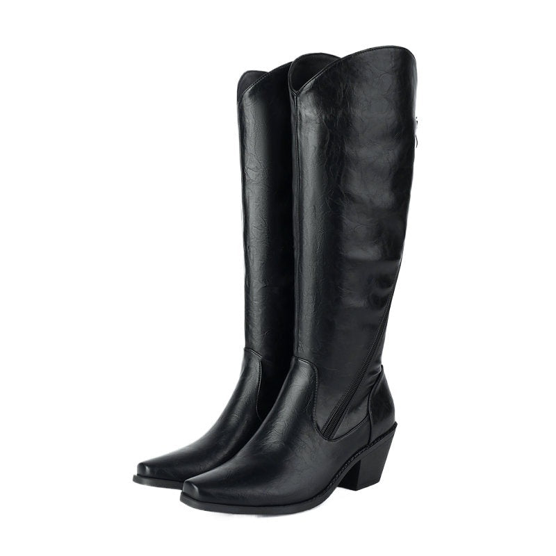 Chunky Heel Leather Martin Knee Boots | Big Sizes up to US16