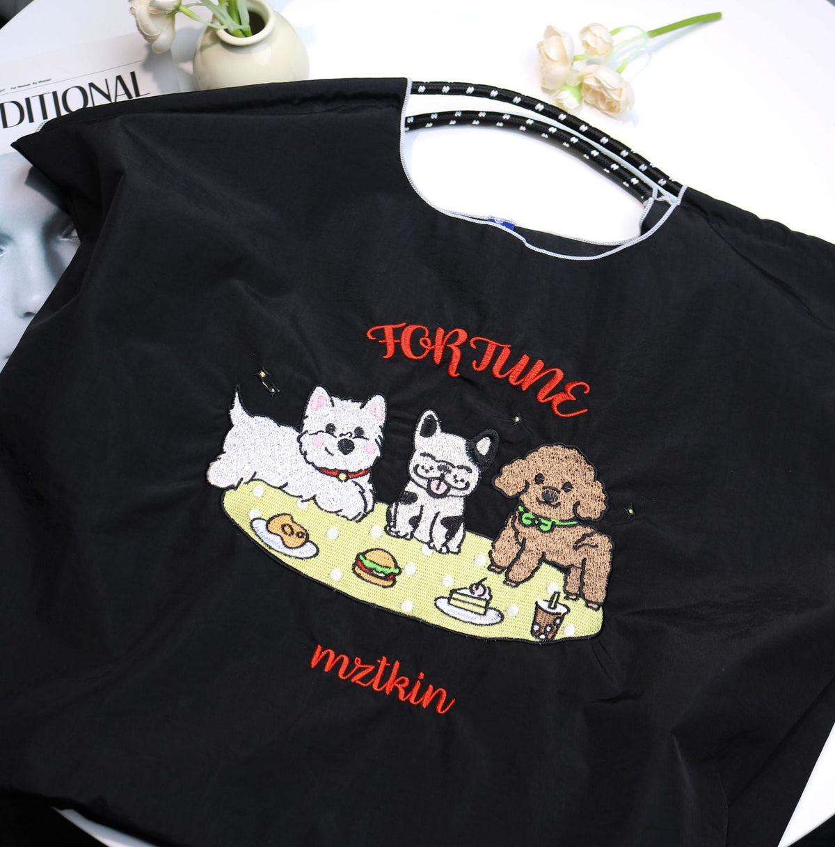 Cartoon embroidered shopping bag doggy pattern, nylon tote bag, fashion commuter large capacity shoulder bag