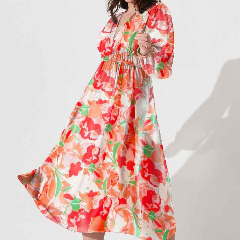 Bohemian female Long Lantern Sleeves Dress-Boho deep V printing high waist casual dress for women