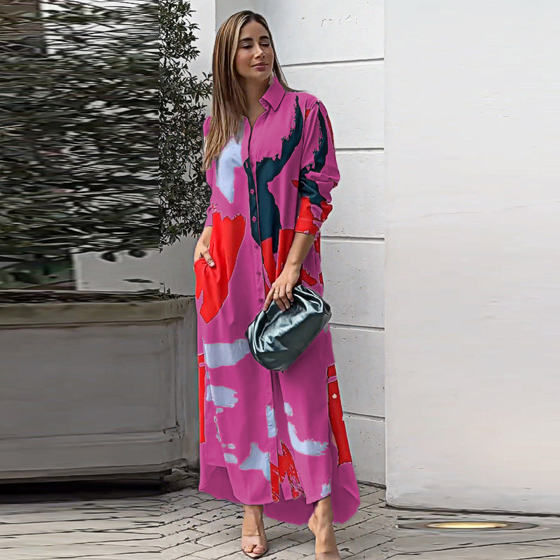 Autumn Printed Shirt Collar Loose Waist Dress Women