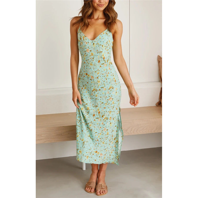 Floral Deep V Suspender Split Dress - Women&