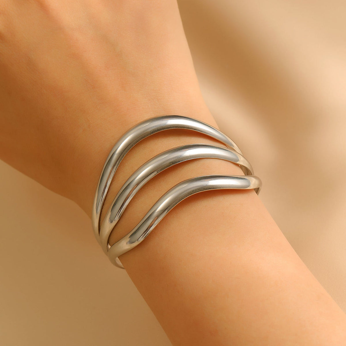Exaggerated Vintage Stainless Steel Multi-Layer Wavy Ring &amp; Bangle Set Party Banquet