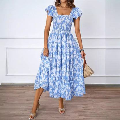 Square Collar Printing Pleated Ruffle Sleeve Elegant Bohemian Printing Dress