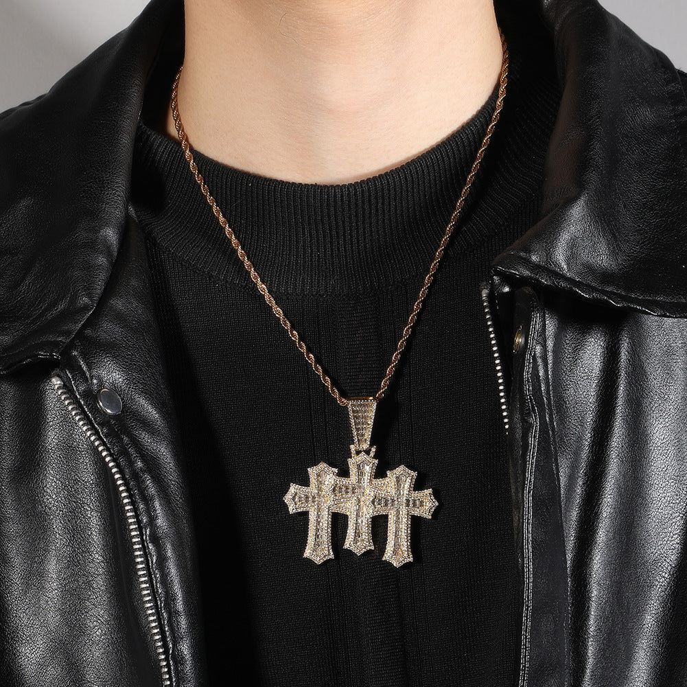 mens gold chain cross diamond-studded necklace
