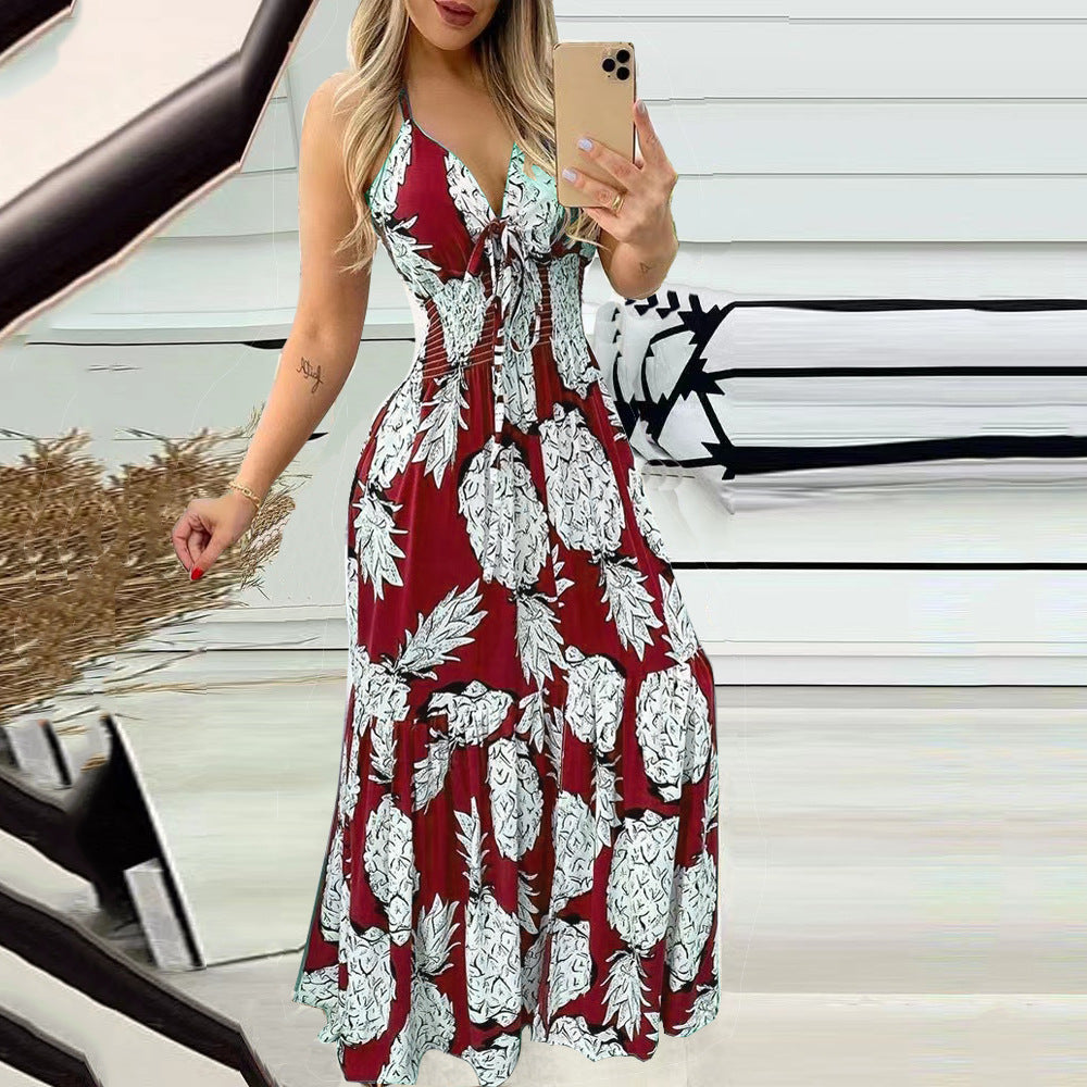 Summer Bustier Spaghetti Strap High Waist Printed Maxi Dress Sexy Women&
