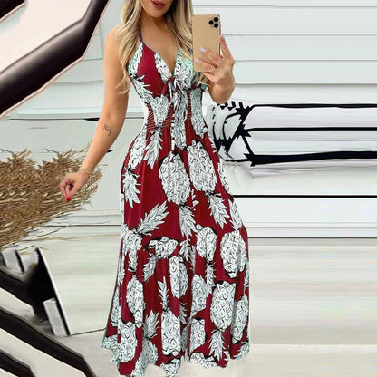 Summer Bustier Spaghetti Strap High Waist Printed Maxi Dress Sexy Women&