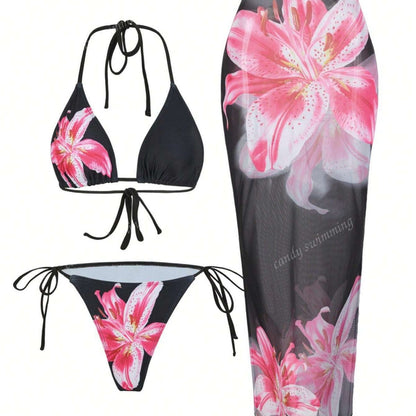 Apron Three Piece Bikini Vintage Print Long Skirt Swimsuit Women&
