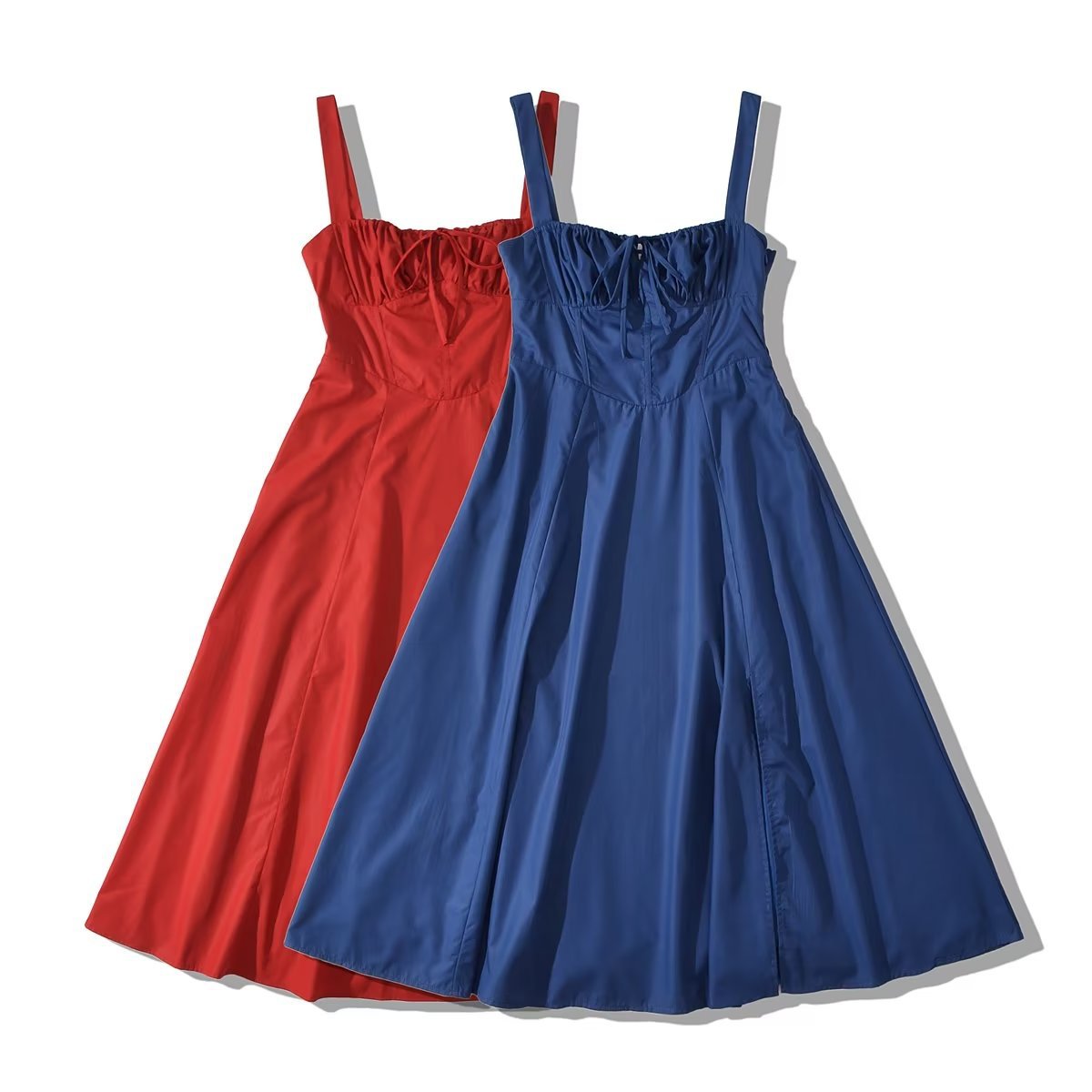 Square Neck Bustier Midi Dress - Low Cut Sleeveless Swing Sundress with Lace Trim &amp; Spaghetti Straps