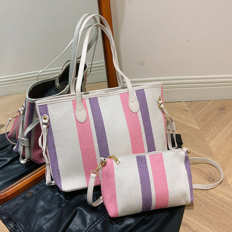 Canvas Striped Letter Print Tote – Large Shoulder &amp; Crossbody Bag, Trendy Versatile Shopper